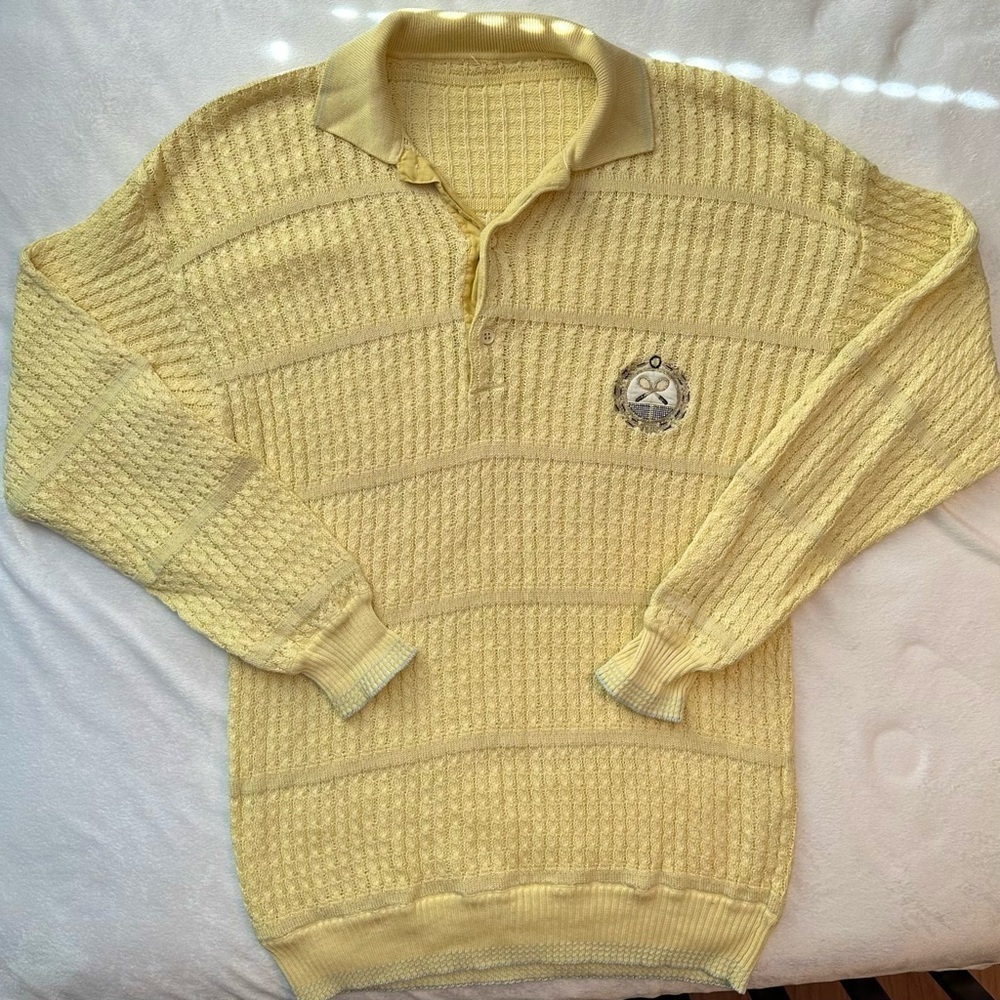 Vintage Italy Unbranded Yellow Sweater Tennis Embroidered Emblem Womens L